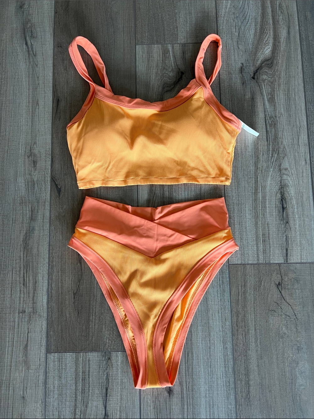 aerie Two-Tone Yellow and Coral Ribbed High-Waist Bikini Set
